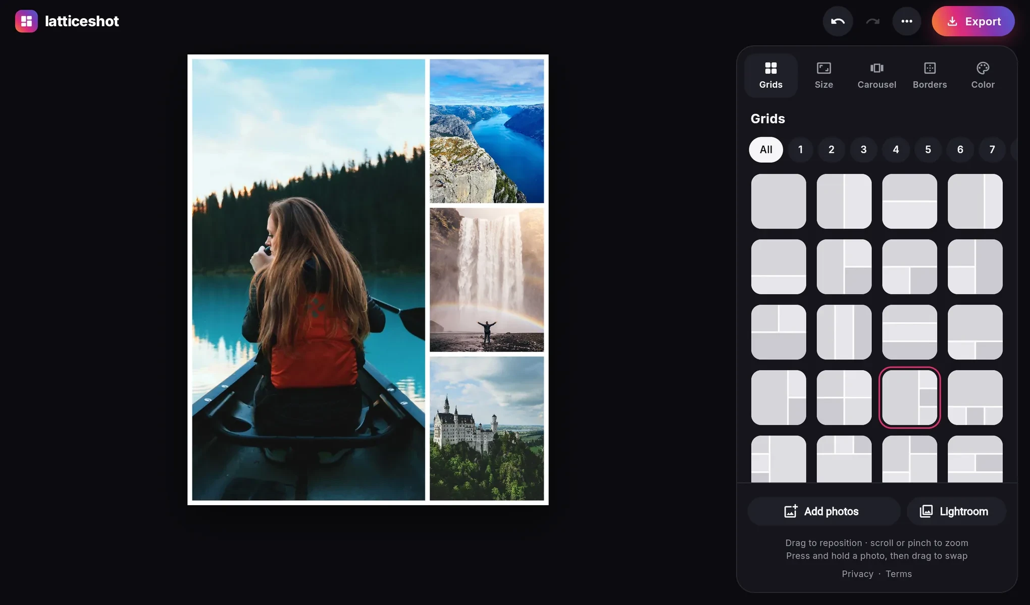 The Latticeshot editor with a four-photo collage and the grid picker