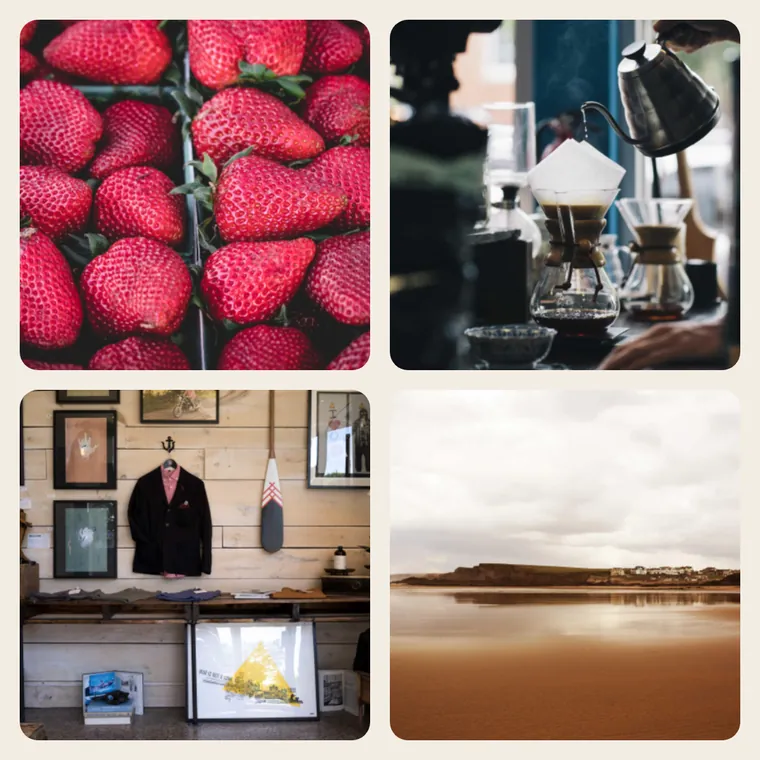 Square café collage with rounded corners on a cream background