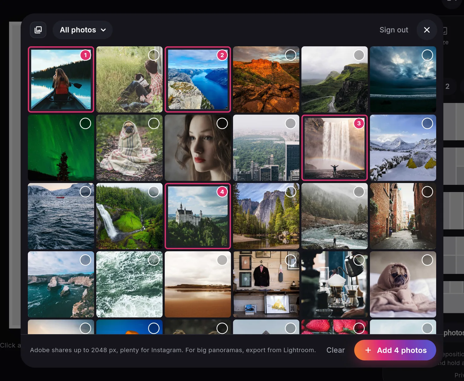 Picking photos from a Lightroom library inside Latticeshot