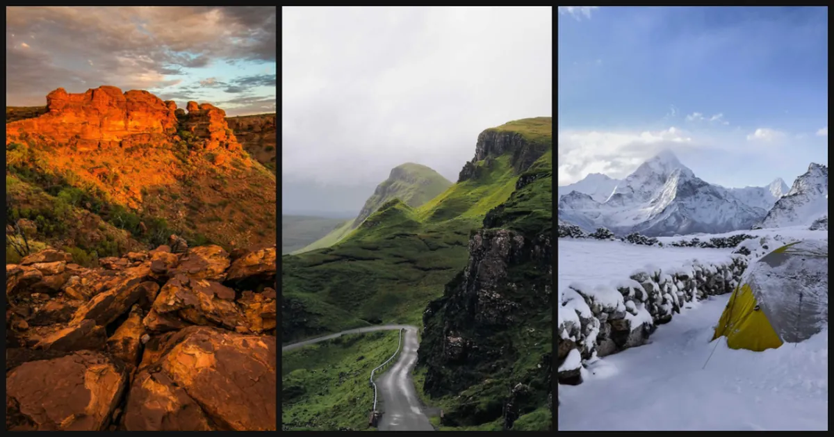 Three landscape photos side by side on a dark background