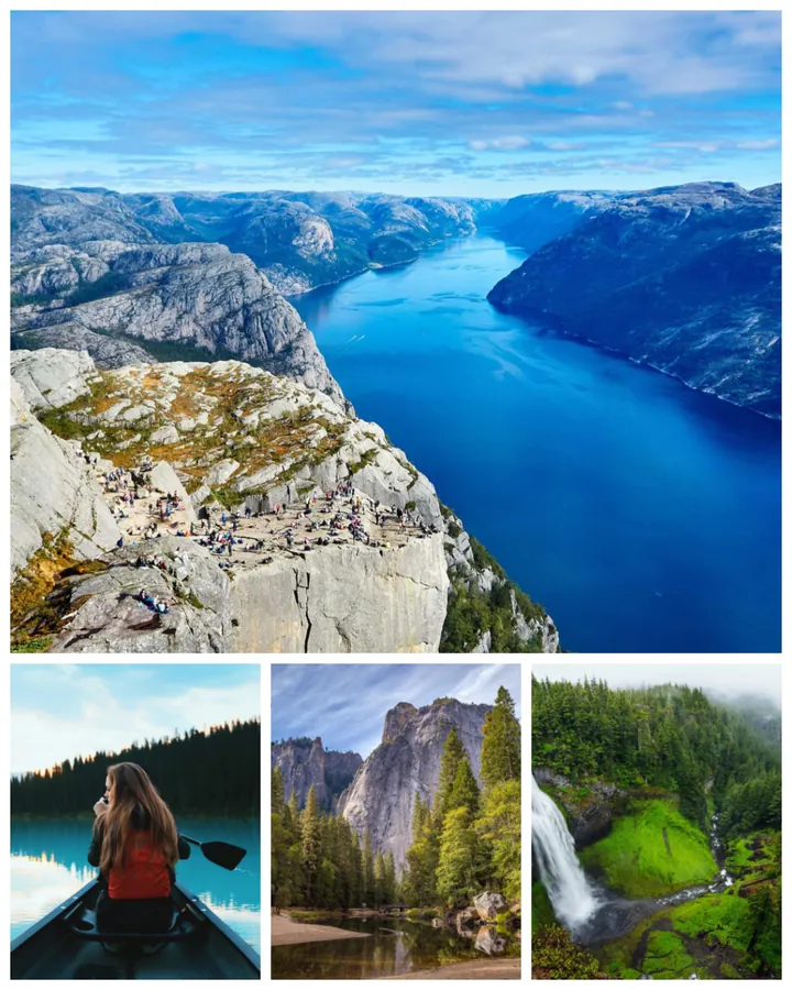 Travel collage: a fjord across the top with three smaller photos below, white borders